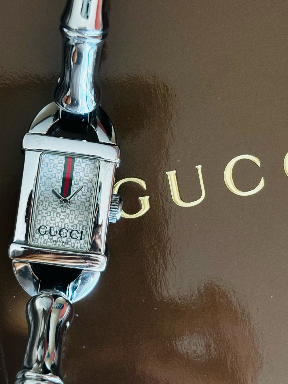 Gucci Silver Rectangular Dial Women's Watch with Bamboo band.